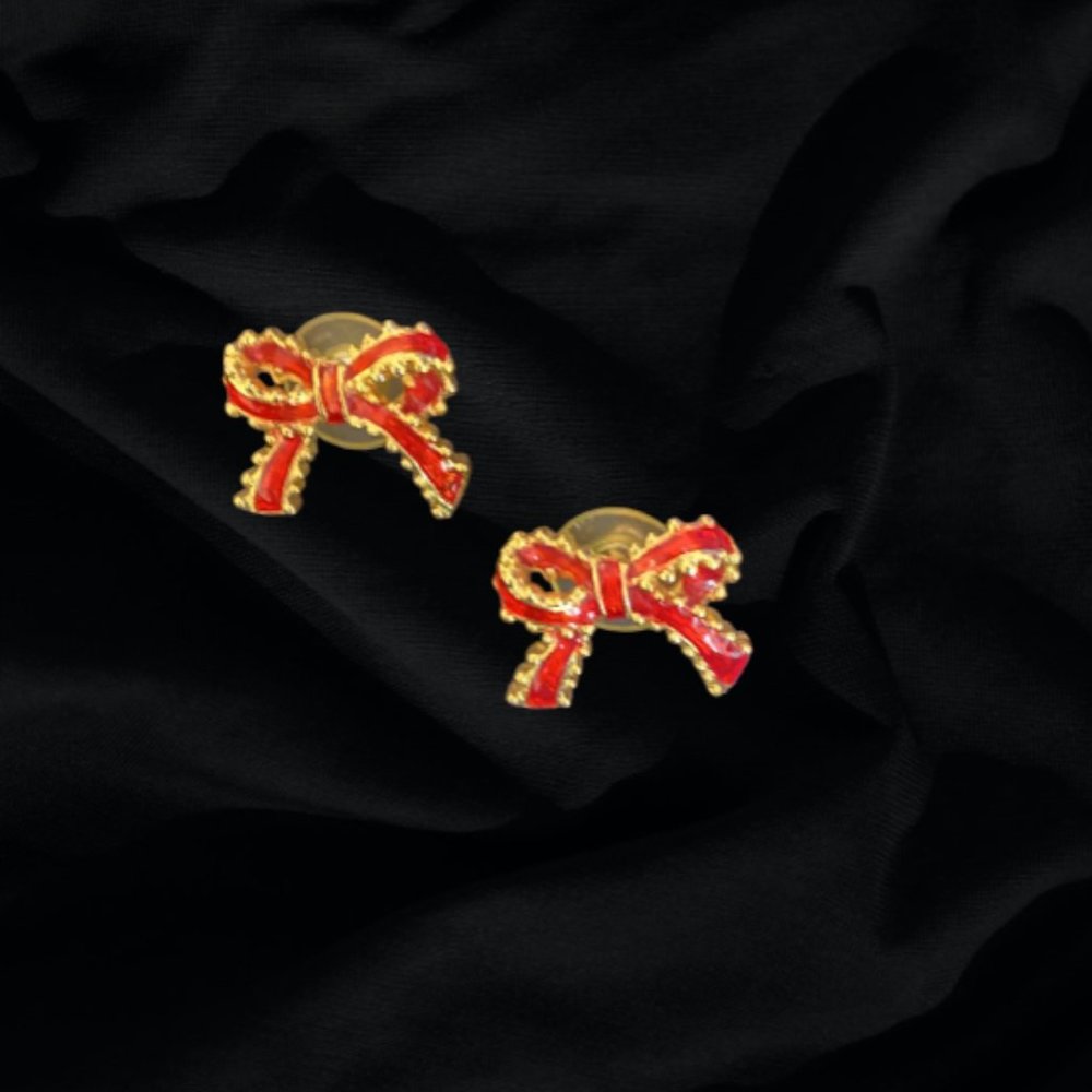 VINTAGE PIERCED EARRINGS - Red and Gold Bows, Post Earrings - Picture 6 of 6